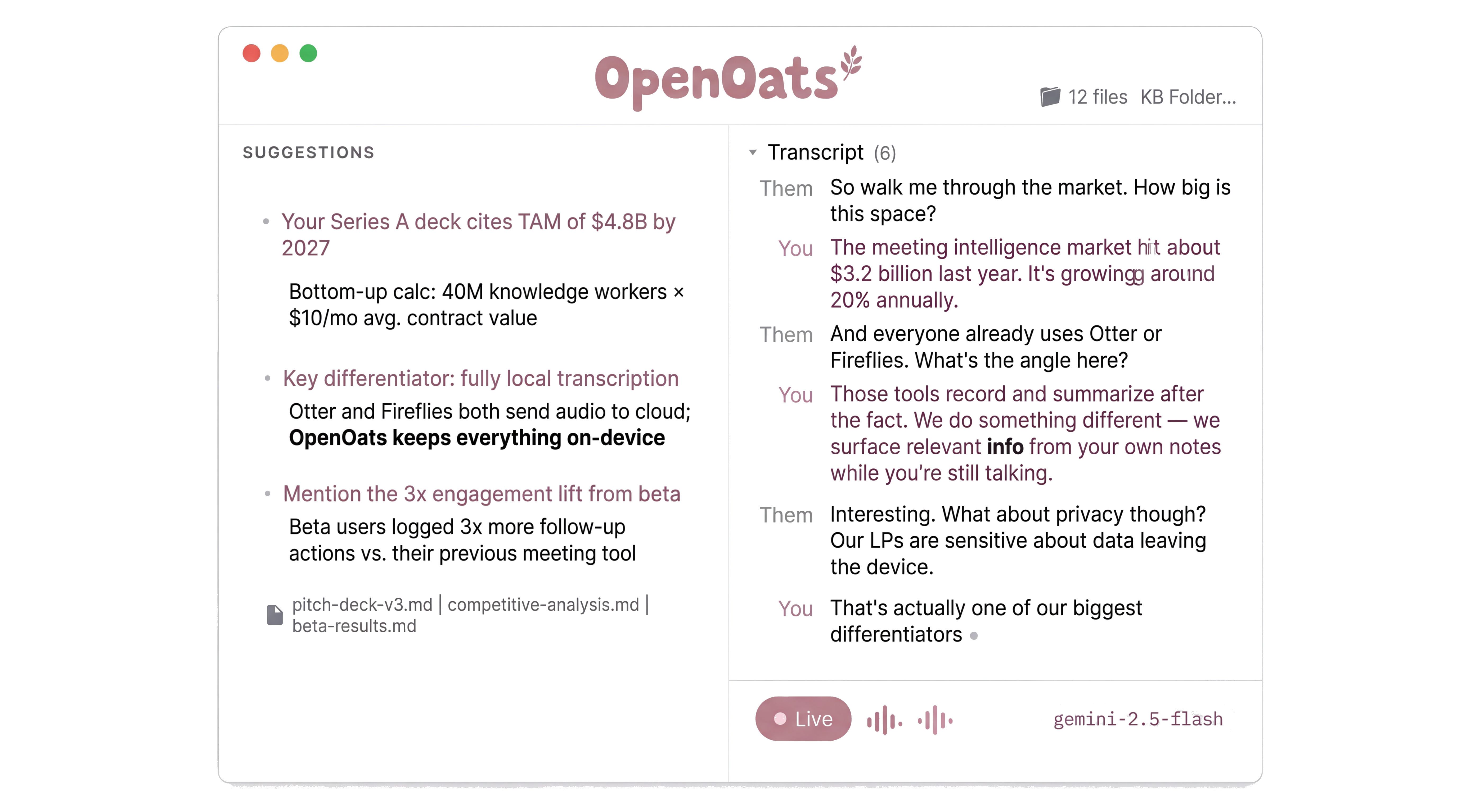 OpenOats during a call, showing live transcript with AI-powered suggestions from your own notes